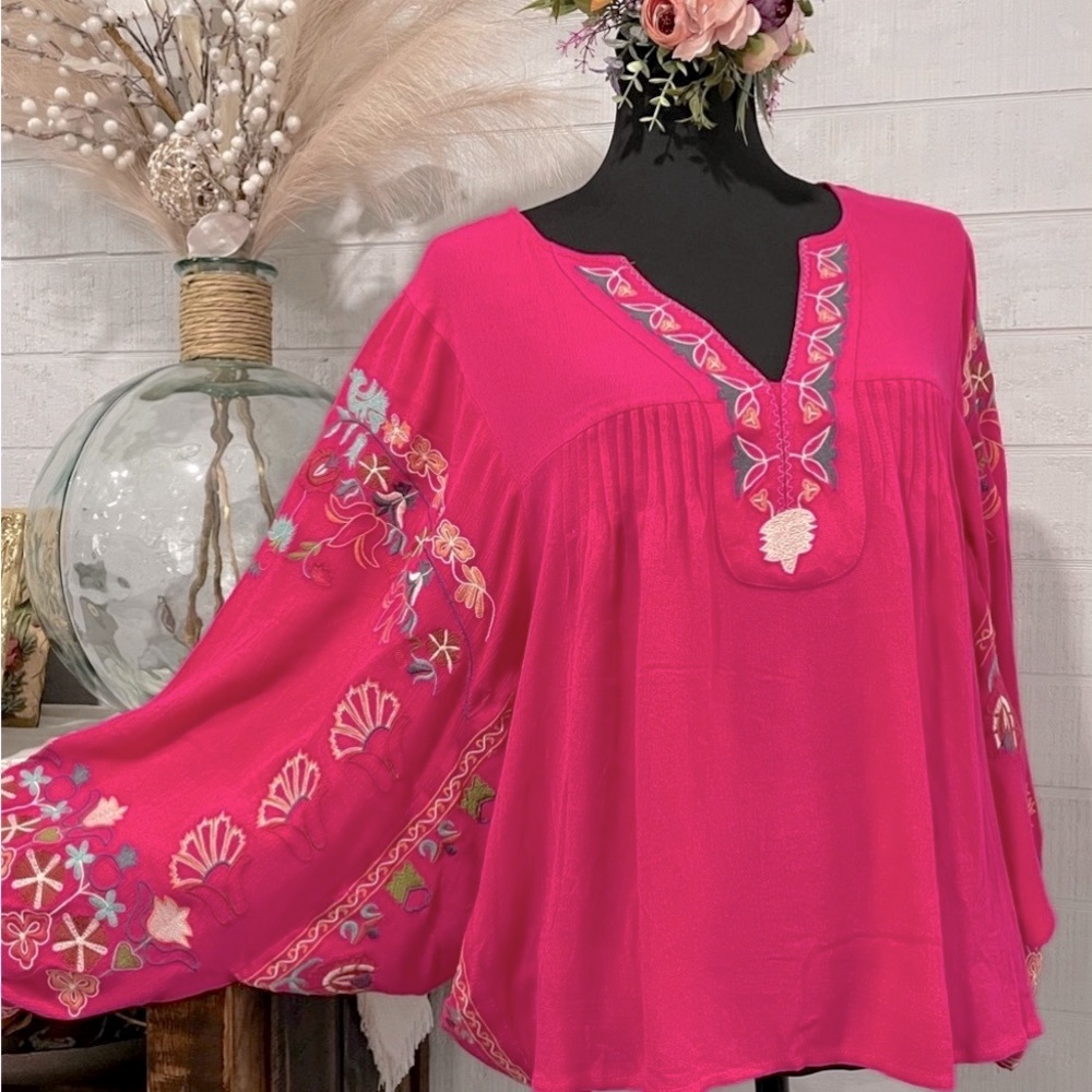 Easel Pink Bell Sleeve Embroidered Blouse
